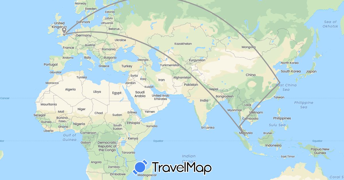 TravelMap itinerary: driving, plane, boat in China, United Kingdom, Malaysia, Thailand (Asia, Europe)